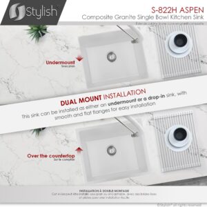 STYLISH - 22 inch Dual Mount Single Bowl White Granite Kitchen Sink S-822H