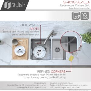 STYLISH - 28 in Undermount Double Bowl Kitchen Sink, 18 Gauge Stainless Steel by ® S-403G Sevilla