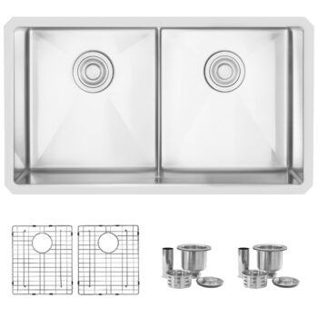 STYLISH – 32 inch Slim Low Divider Double Bowl Undermount Stainless Steel Kitchen Sink