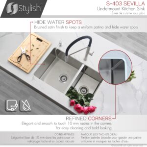 STYLISH - 28 in Undermount Double Bowl Kitchen Sink, 18 Gauge Stainless Steel by ® S-403 Sevilla