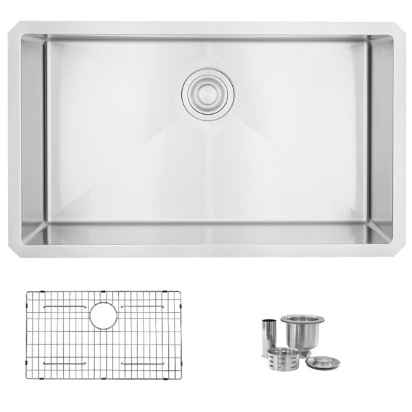 STYLISH - 32 Inch Single Bowl Undermount 16G Stainless Steel Kitchen Sink with Grid and Strainer