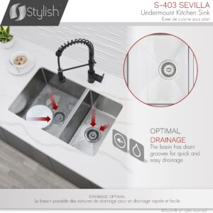 STYLISH - 28 in Undermount Double Bowl Kitchen Sink, 18 Gauge Stainless Steel by ® S-403 Sevilla