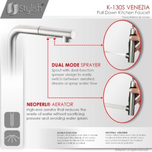 STYLISH - Kitchen Sink Faucet Single Handle Pull Down Dual Mode Stainless Steel, Brushed Finish