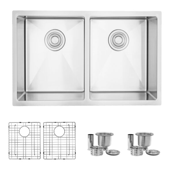 STYLISH - 28 inch Double Bowl Dual mount 18G Stainless Steel Kitchen Sink with Grids and Strainers