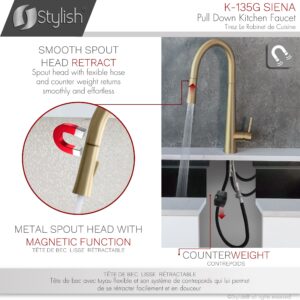 STYLISH - Kitchen Sink Faucet Single Handle Pull Down Dual Mode Stainless Steel Brushed Gold Finish by?® K-135G