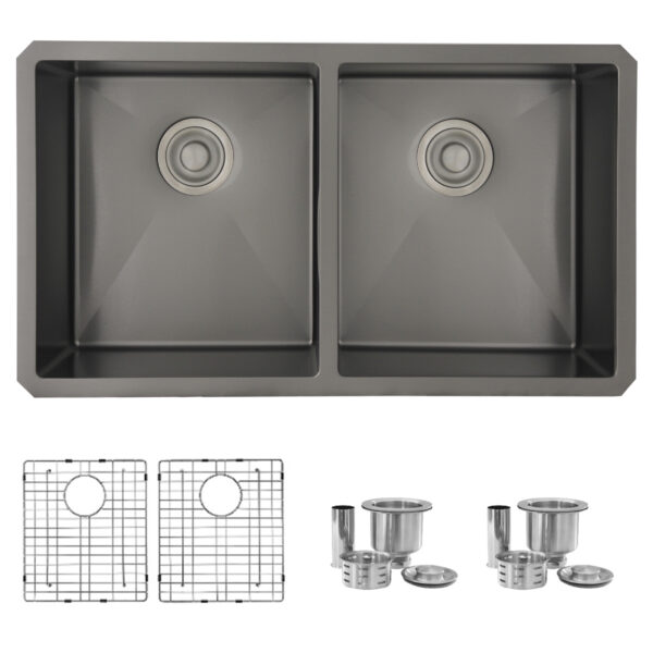 STYLISH - 32 inch Graphite Double Bowl Undermount Stainless Steel Kitchen Sink