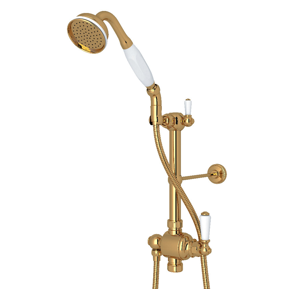 Perrin & Rowe U.5373NULB - Riser Diverter, Handshower, Handshower Holder, Hose and 8" Thermostatic Outlet Perrin & Rowe U.5373NULB - Riser Diverter, Handshower, Handshower Holder, Hose and 8" Thermostatic Outlet